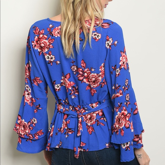 Blue Floral Wrap Top - Picture 2 of 8